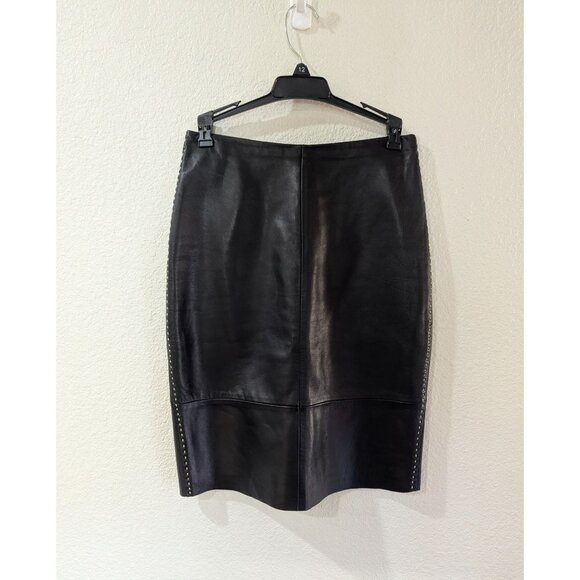 Banana Republic Black Leather Pencil Skirt With White Whip Stitch Details Size 0 - Picture 6 of 9